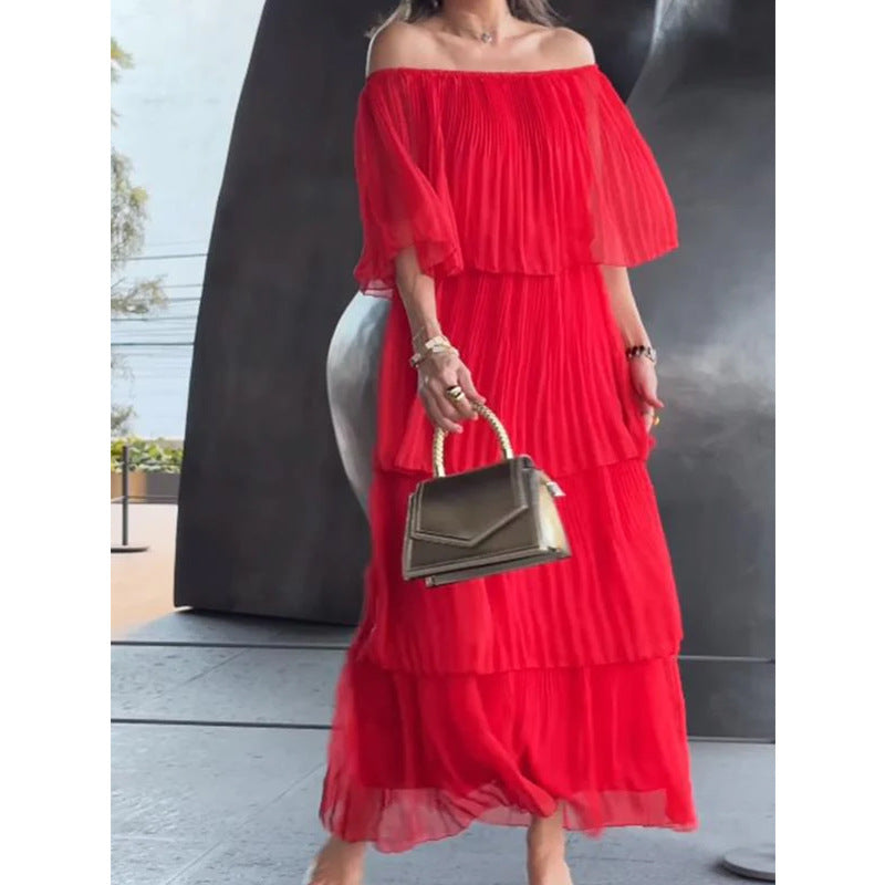 Robe à Volants Plissée – Épaules Dénudées