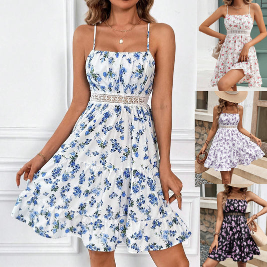 Robe Fleurie à Bretelles et Dentelle